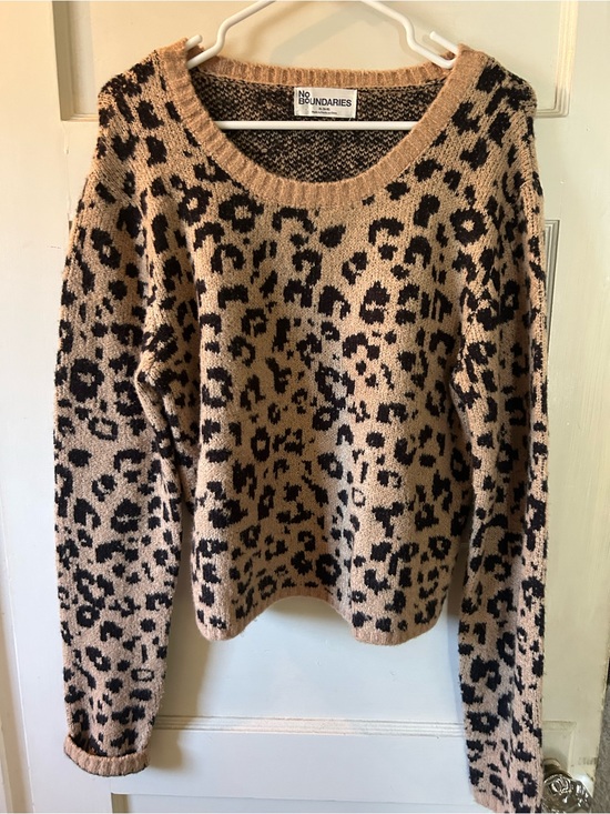 No Boundaries Sweaters - No Boundaries Leopard Print Crewneck Sweater in Tan and Black